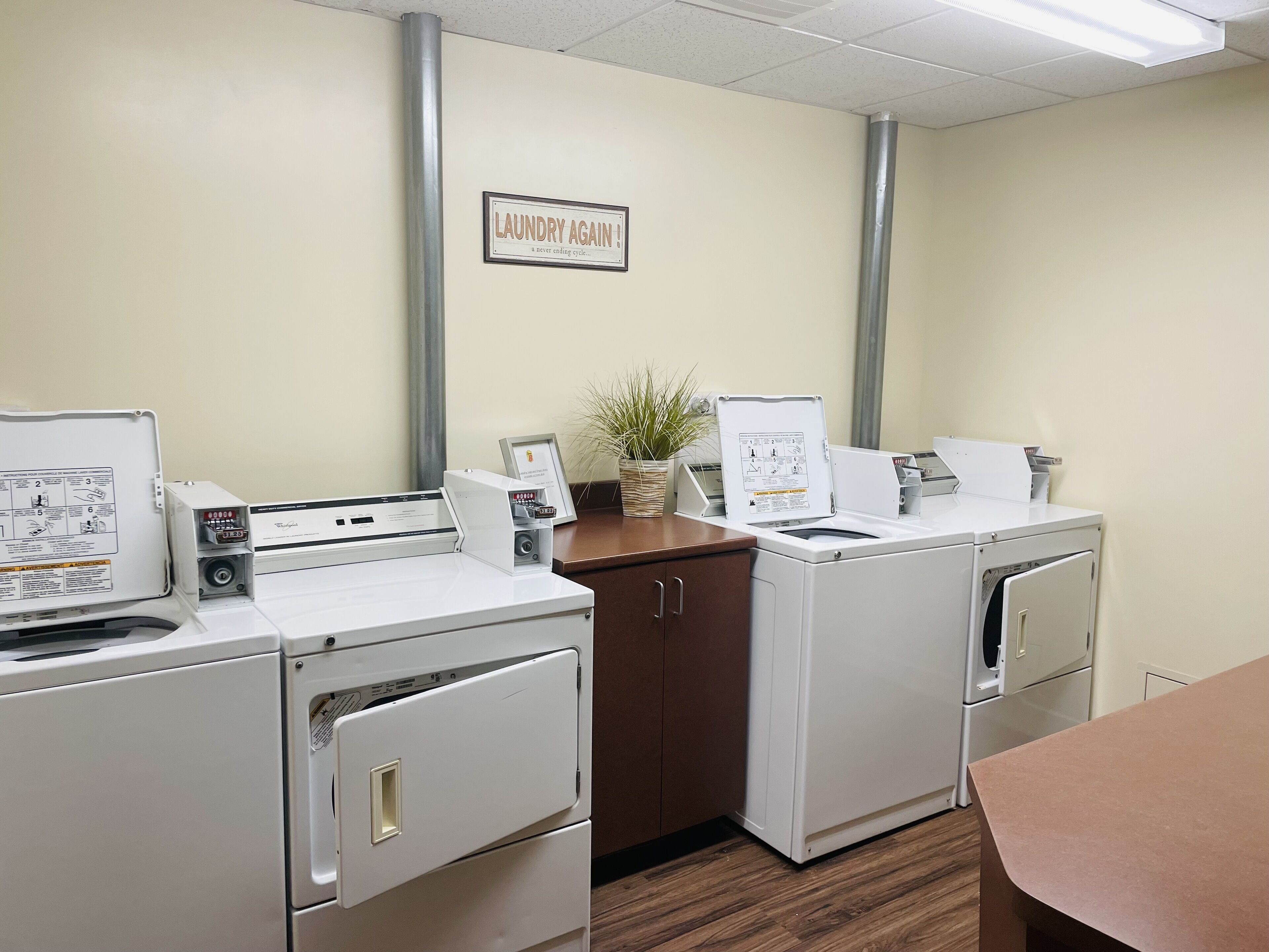 A laundry room with two front-loading washers and dryers, a wooden cabinet, a potted plant, and a sign on the wall.