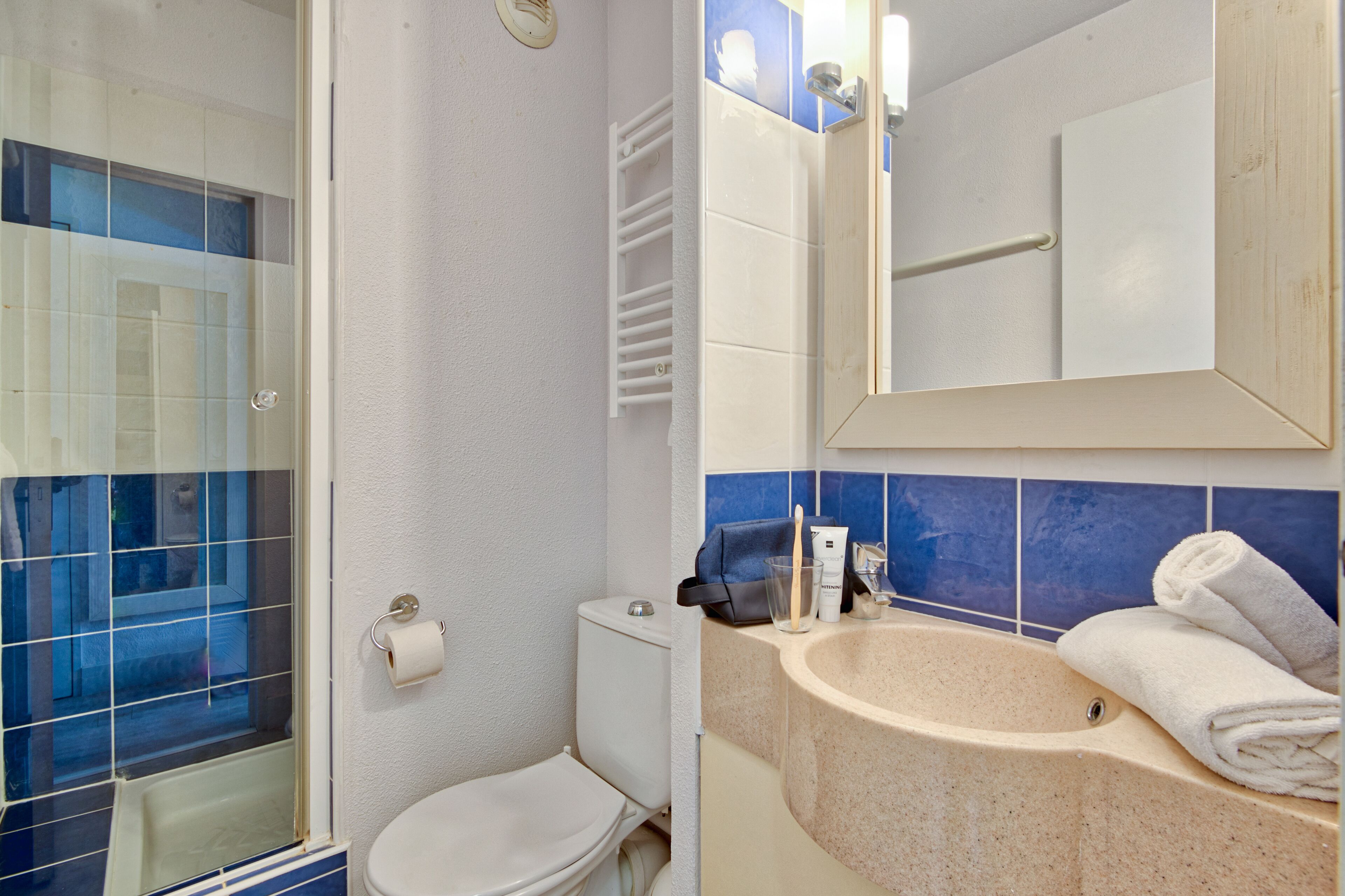 Un baño con cabina de ducha de vidrio, inodoro, lavabo con espejo y toallero.
