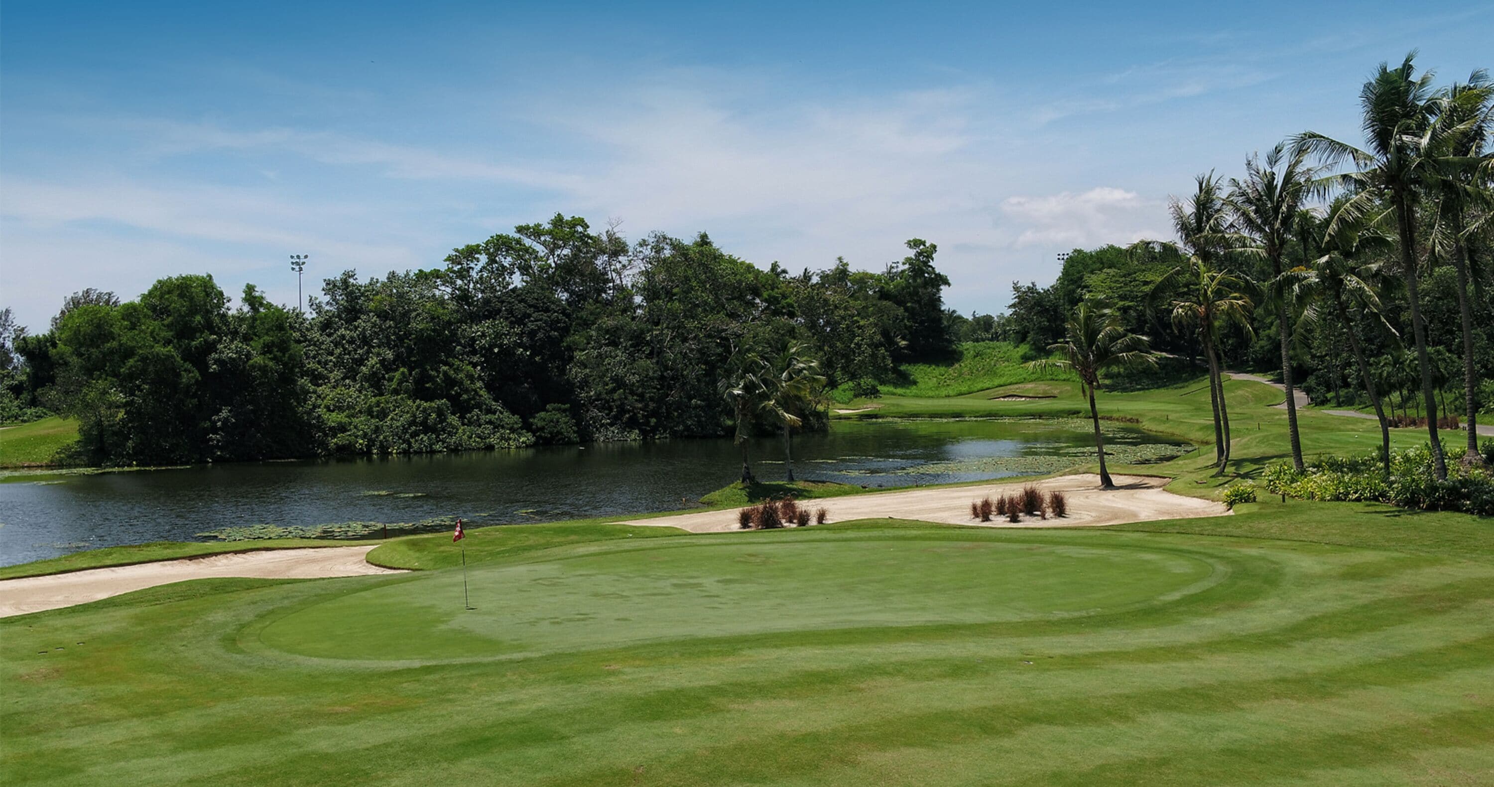 A golf course with a pond, surrounded by dense greenery and palm trees.