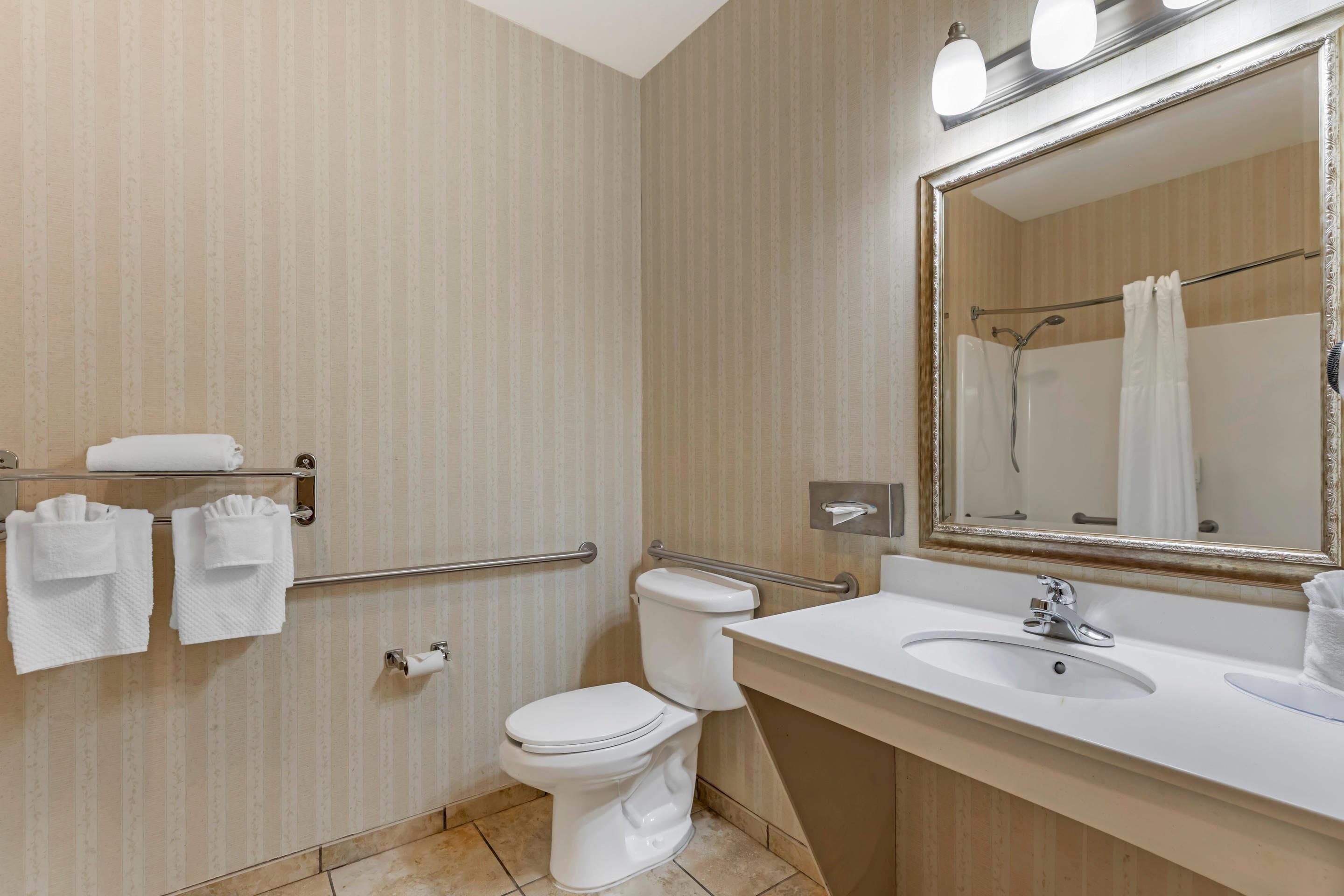 A bathroom with a white toilet, a sink, a mirror, and a towel rack.