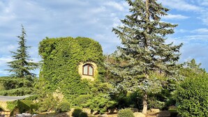 A stone building partially covered with ivy, a stone wall, and a grassy area with outdoor furniture. - Mas Salvi Country Boutique Hotel (Pals)