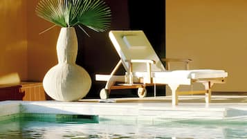 Relax by the pool with a palm plant and a sun lounger.