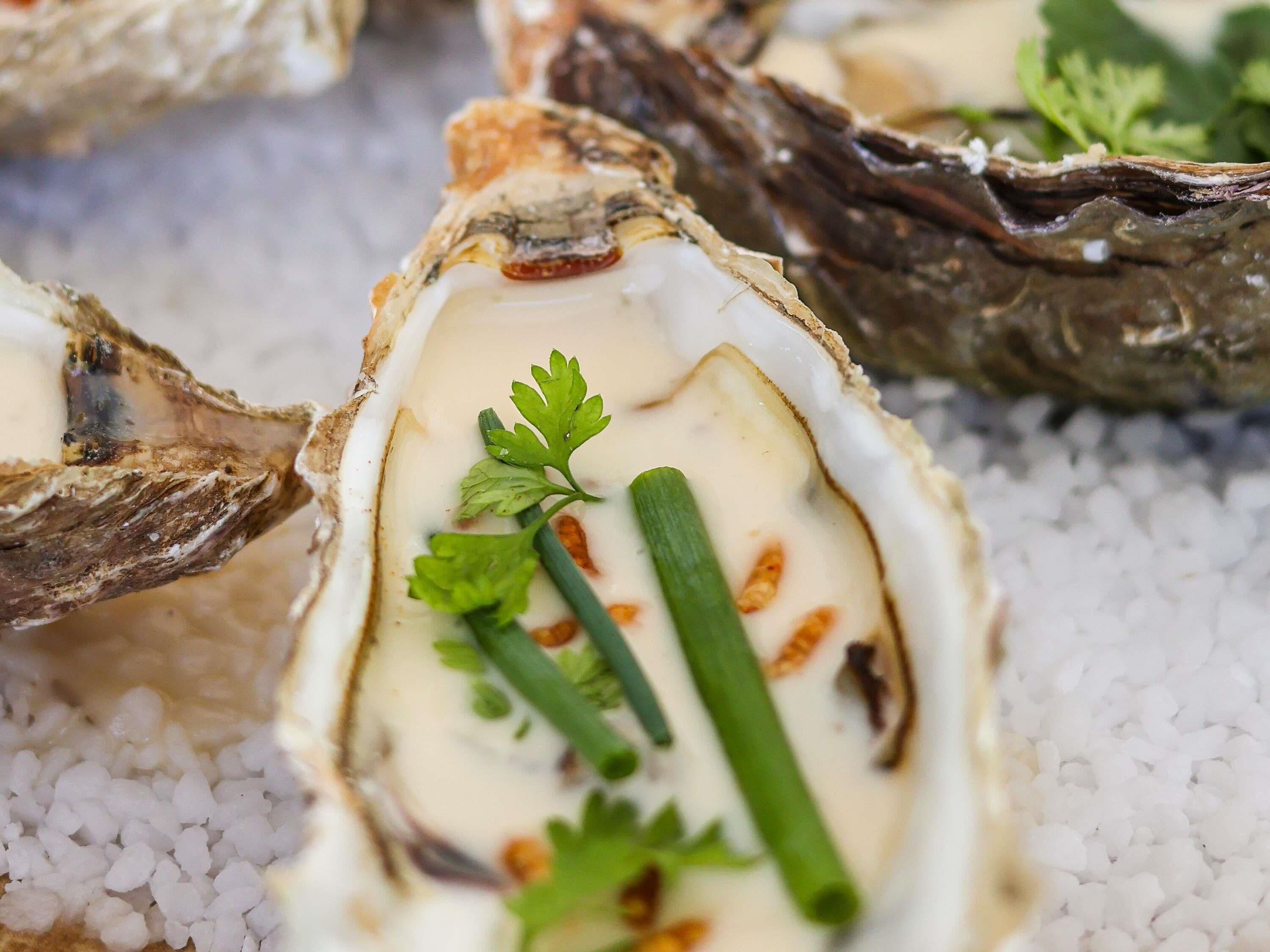 Primer pla d'un plat amb ostres sobre un llit de grànuls blancs, decorat amb julivert i cebetes verdes.