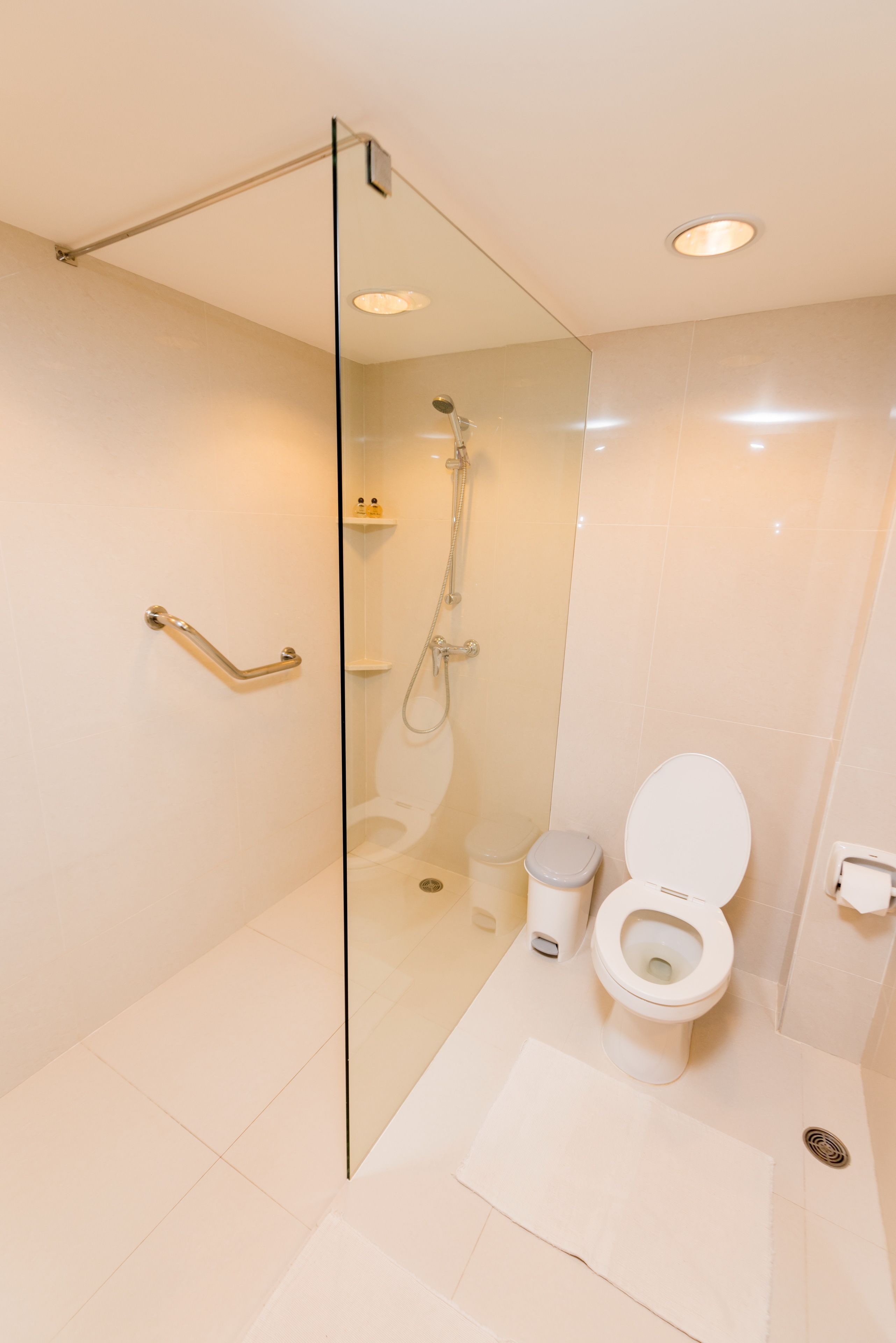 A modern bathroom with a glass-enclosed shower, a white toilet, and a handrail.