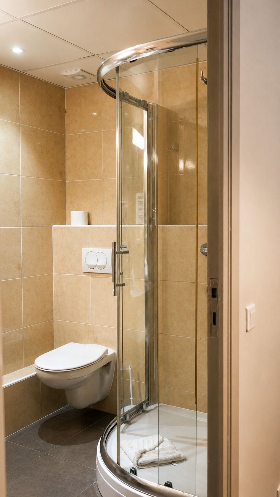 Une salle de bain moderne avec une douche à parois de verre, des toilettes et un porte-serviettes.