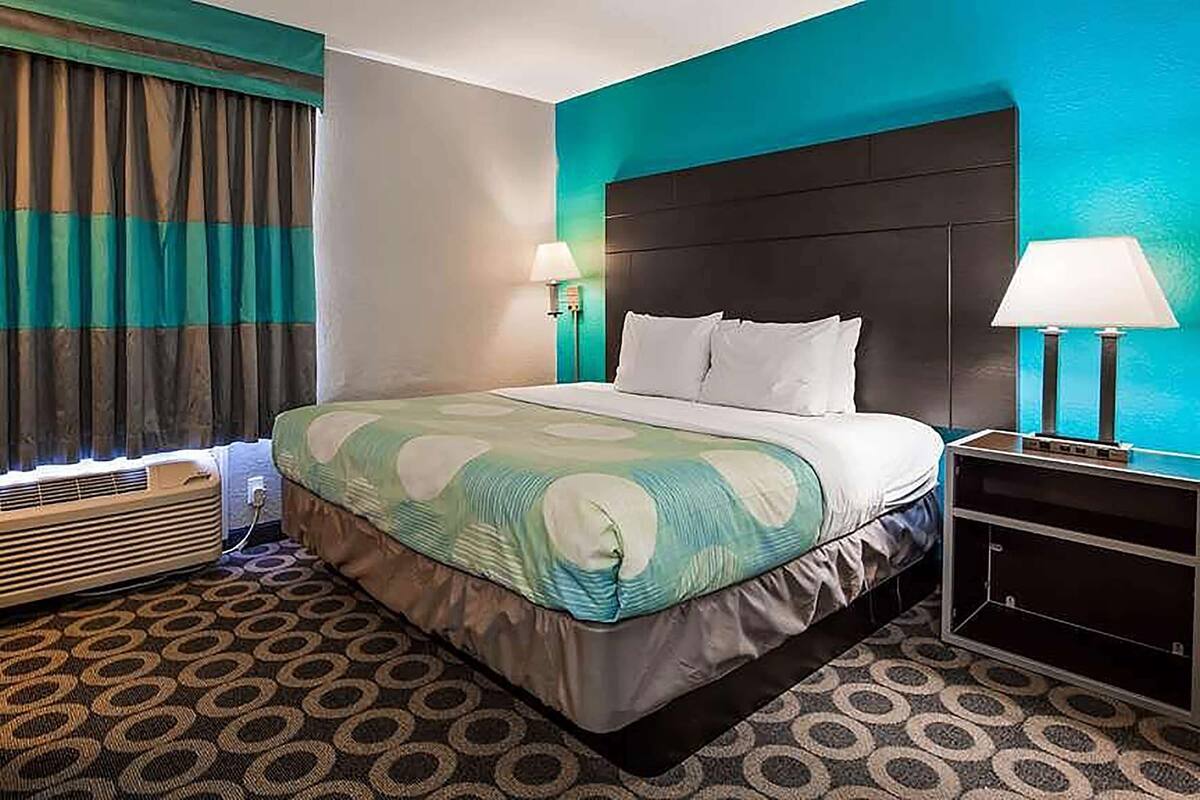 A hotel room with a bed, a nightstand, a lamp, and a window with curtains.