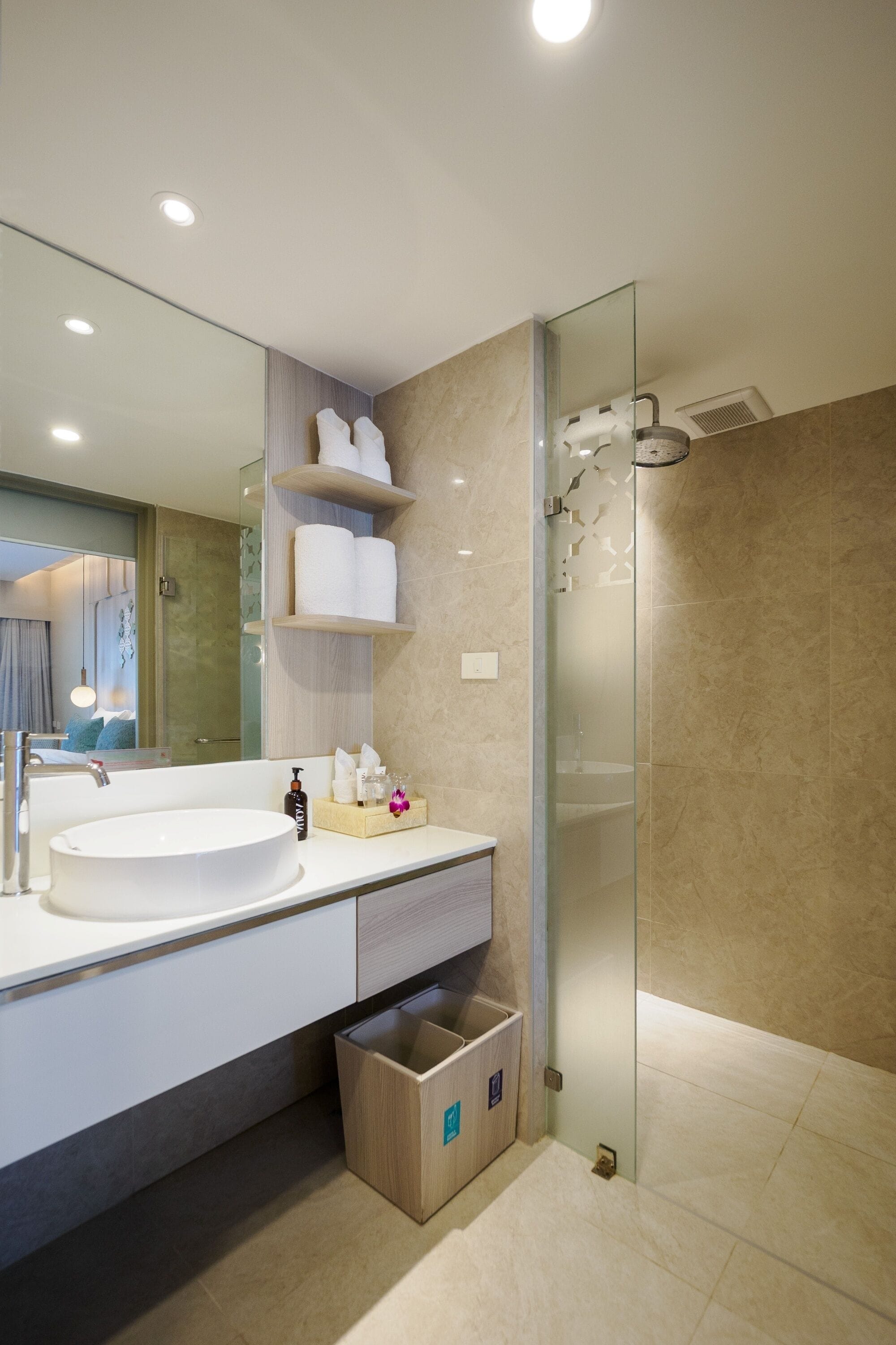 A modern bathroom with a large sink, glass shower enclosure, and a mirror with shelves above.