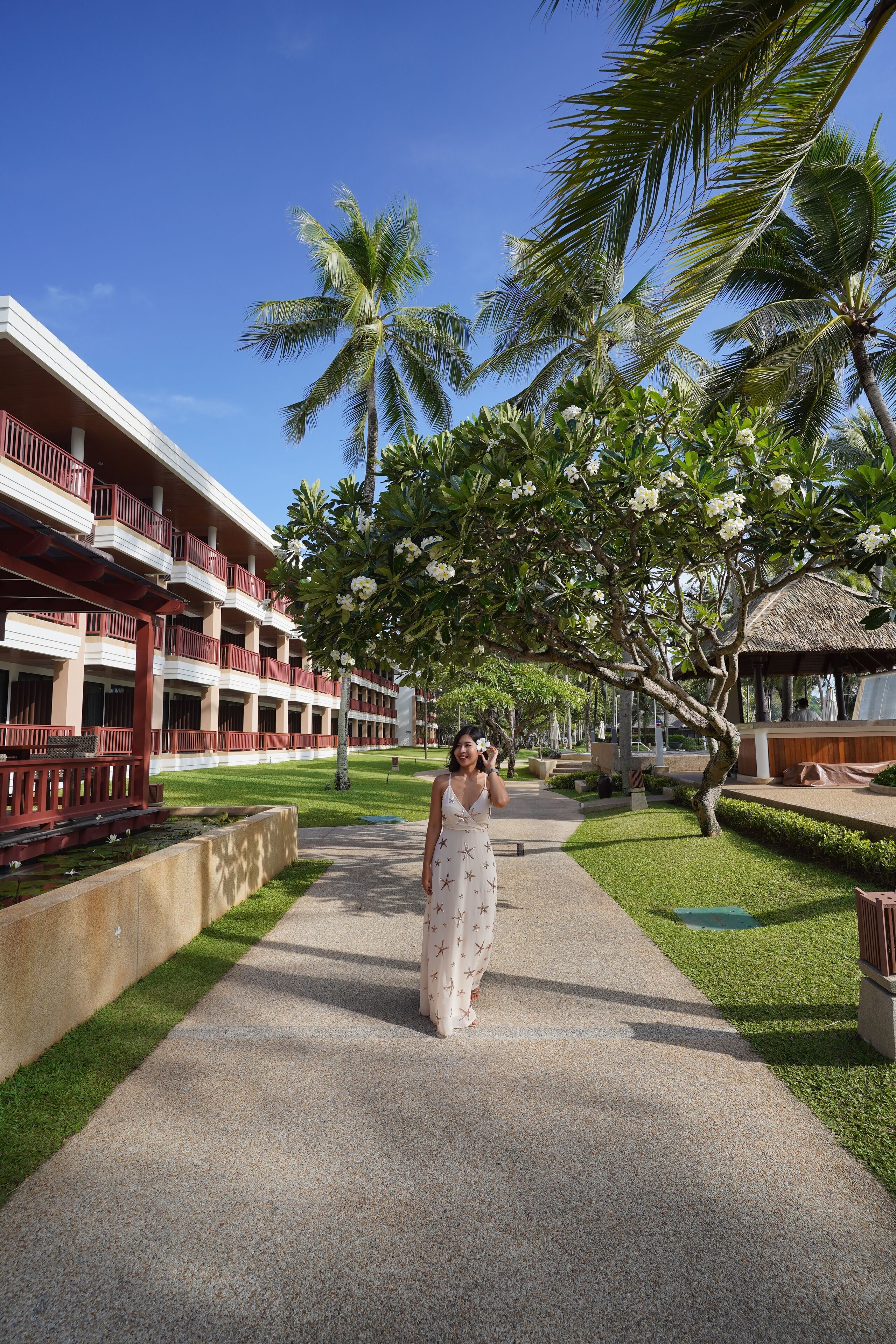 A pathway leading to a building with balconies and palm trees.