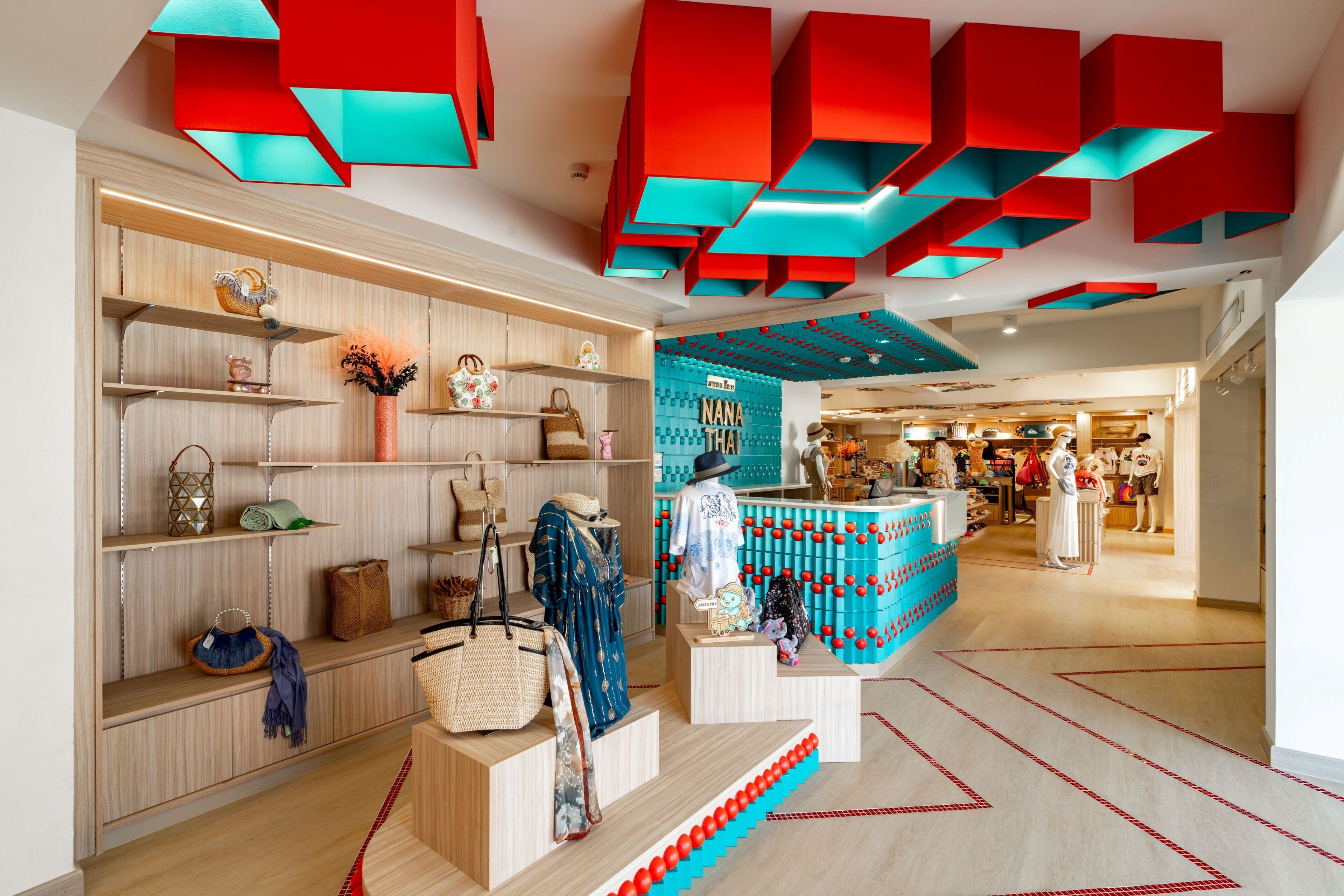 A modern retail store with wooden shelves and a central display area.