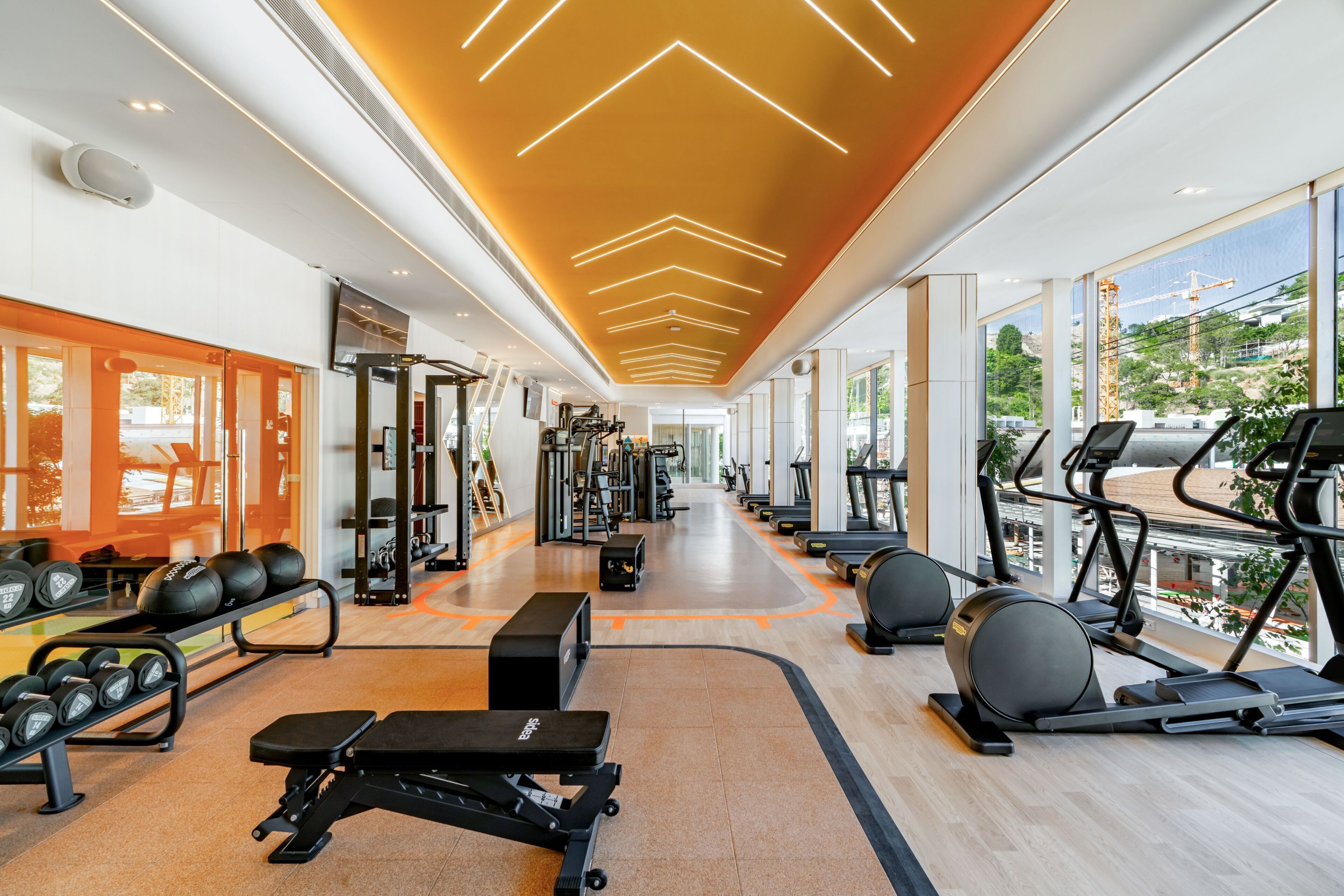 A gym with treadmills, elliptical machines, and weightlifting equipment.