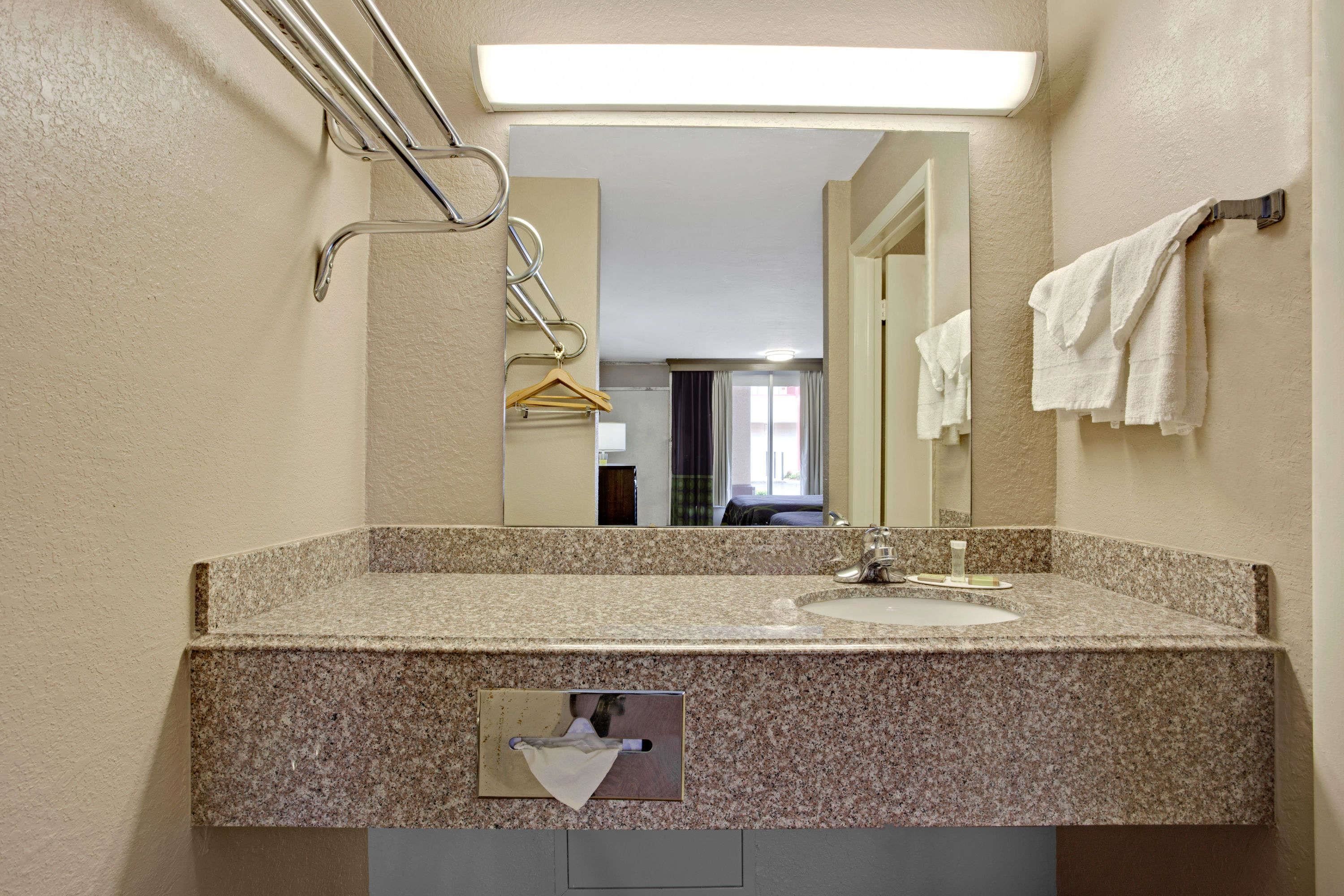Un bagno con un piano in granito, un lavandino, un porta asciugamani e uno specchio.