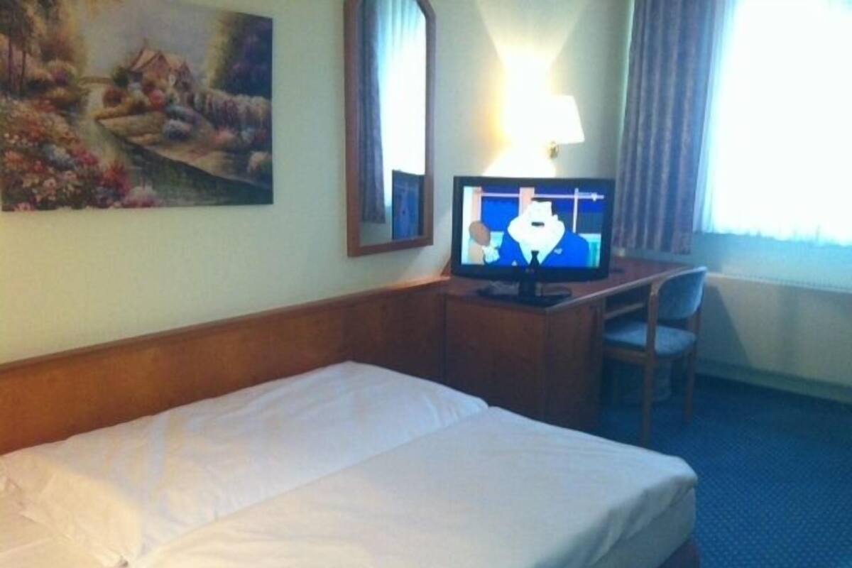 A hotel room with a bed, a desk with a television, a chair, and a painting on the wall.