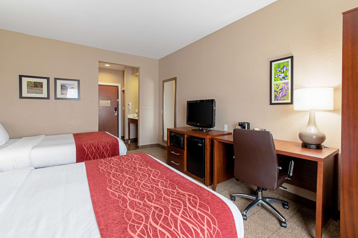 A hotel room with two beds, a desk with a television, a chair, and a lamp.