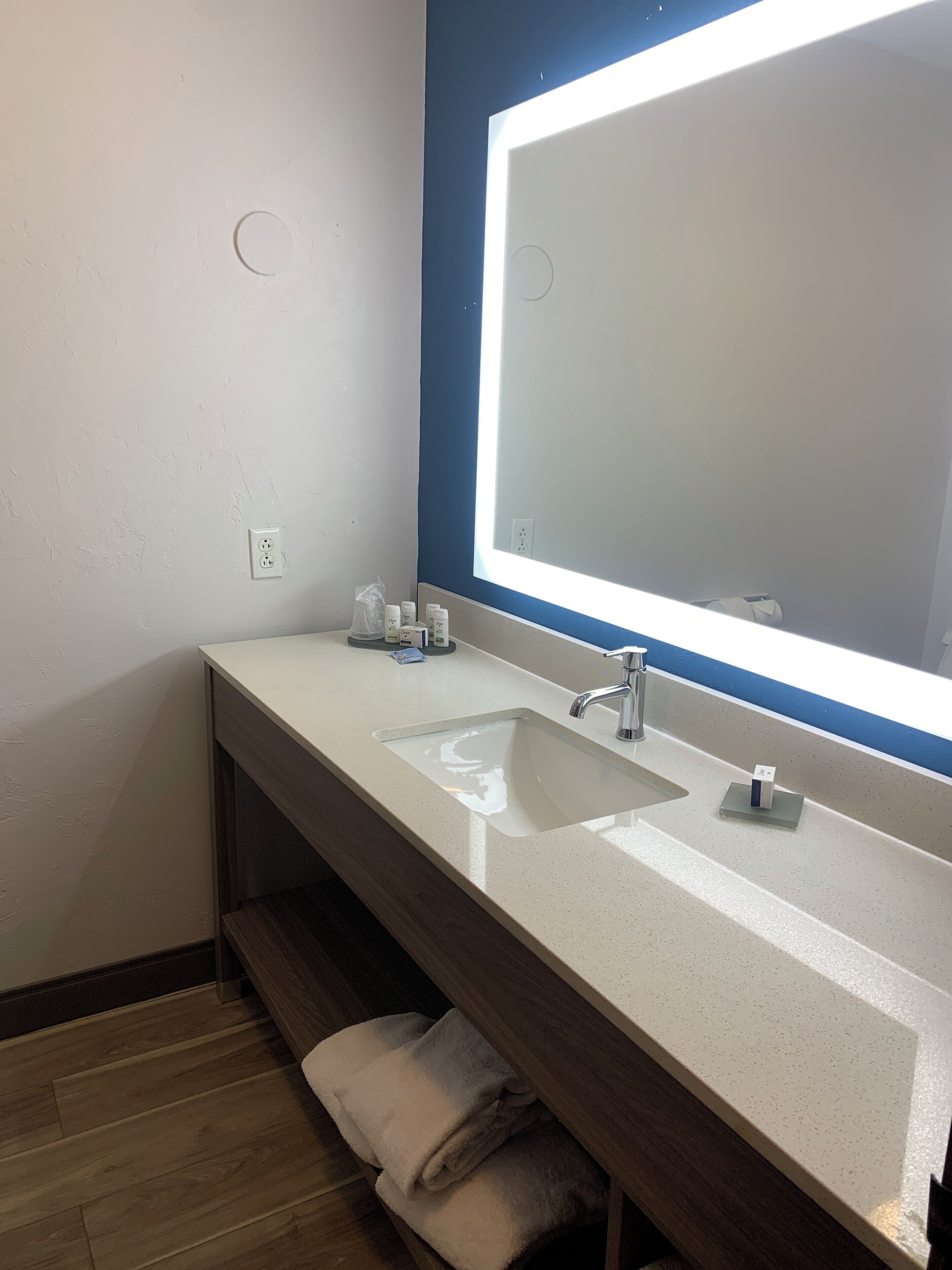 combined shower/bathtub, free toiletries, hair dryer, towels