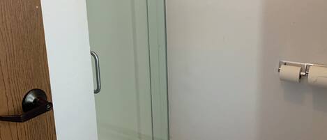 Casa de banho com chuveiro de porta de vidro, porta-papel higiénico e soalho em madeira.