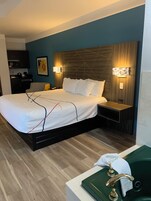 Egy modern szállodai szoba, amelyben egy nagy ágy, éjjeliszekrények, egy zöld színű fürdőkád  és egy kis konyhasarok található.