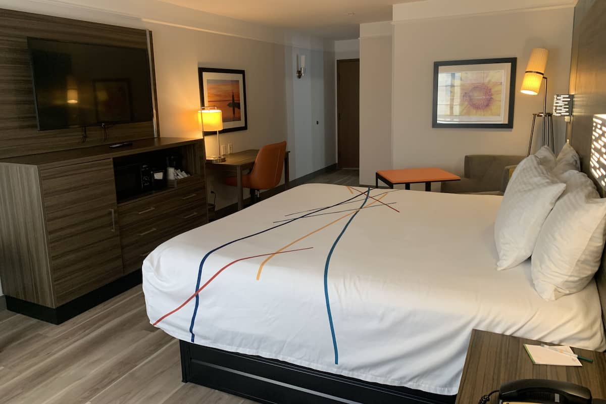 A hotel room with a large bed, a desk, a chair, a TV, a lamp, and a picture on the wall.