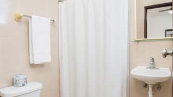 Shower, free toiletries, towels, soap