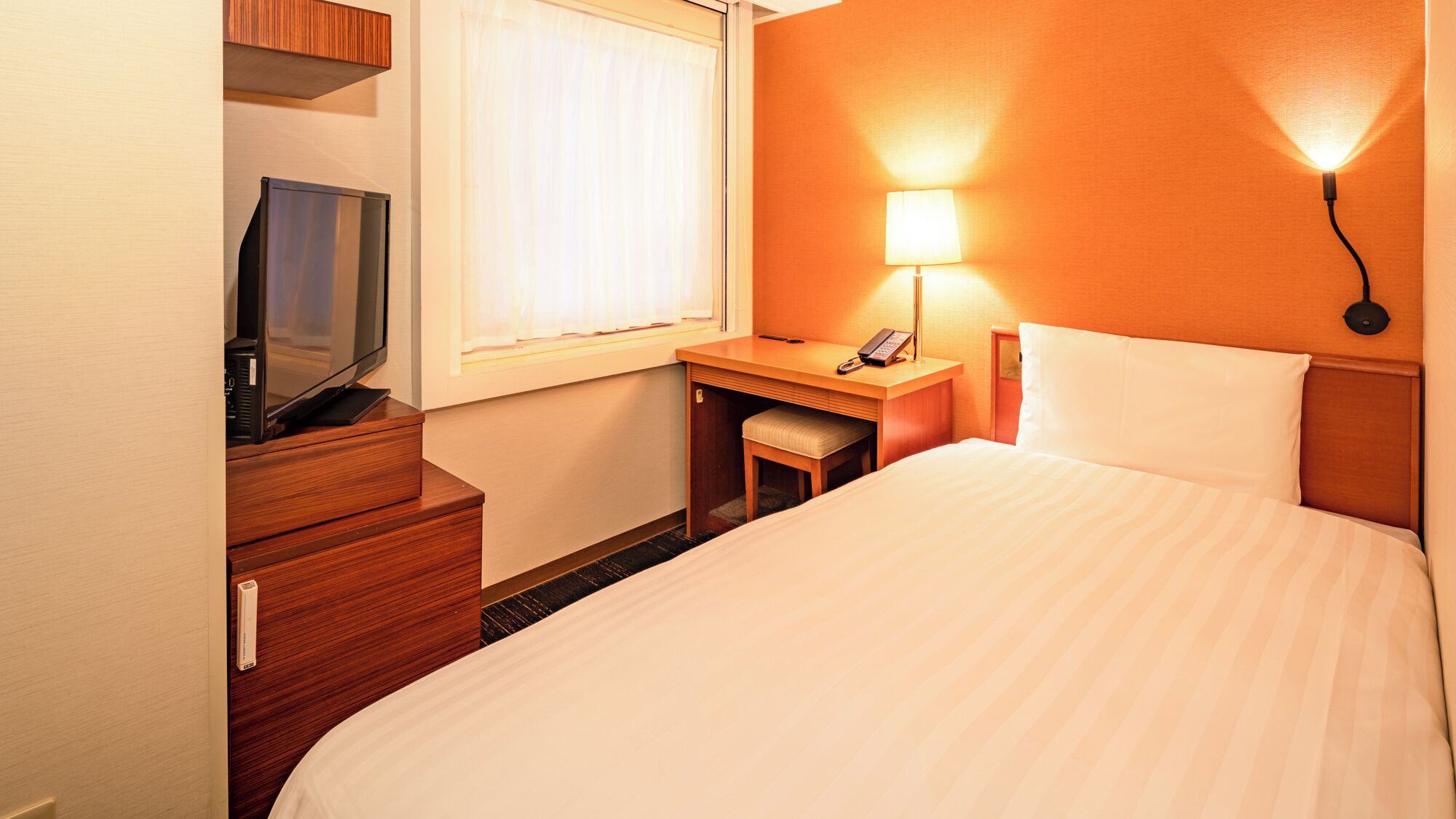 A hotel room with a bed, a desk, a chair, a TV, a lamp, and a telephone.