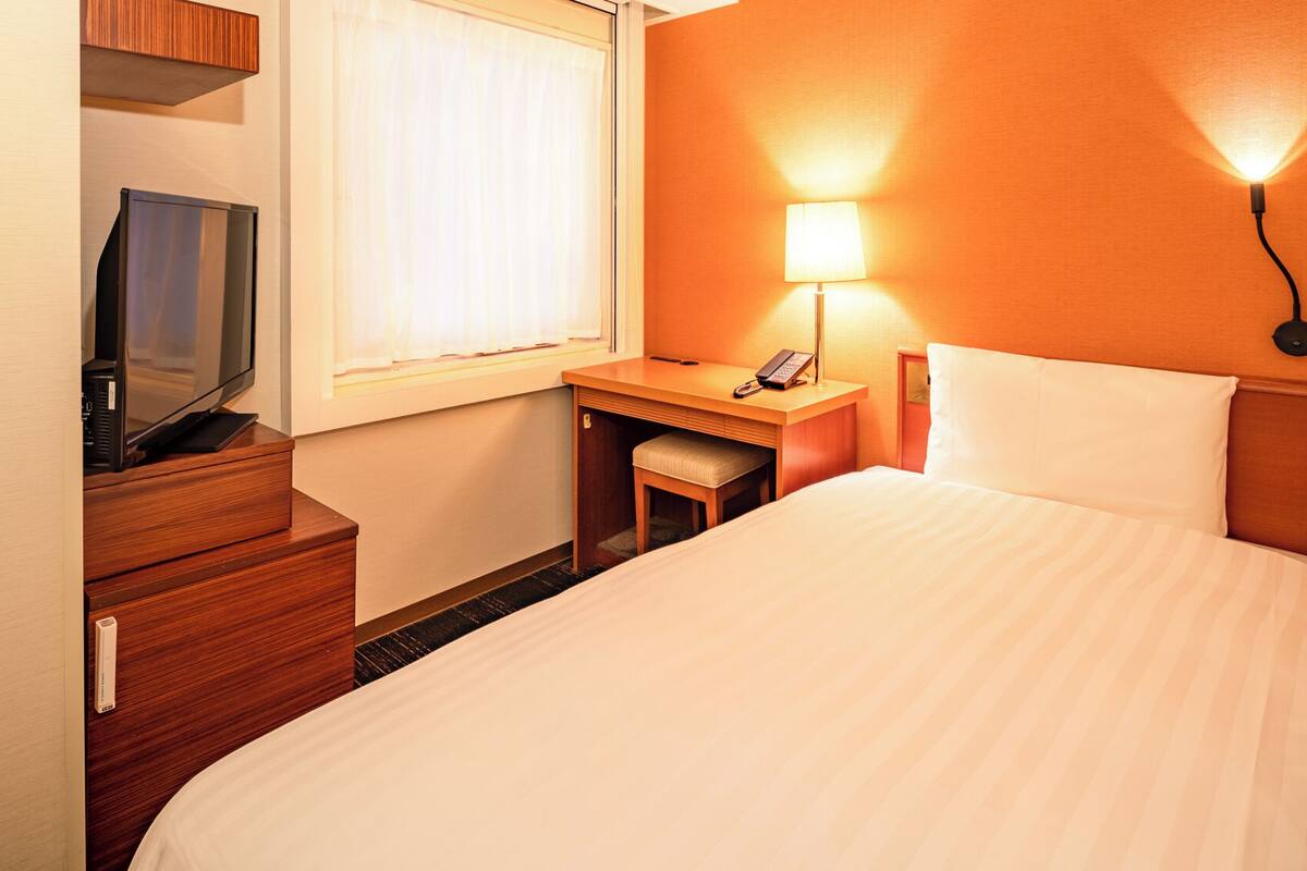A hotel room with a bed, a desk, a chair, a TV, a lamp, and a telephone.