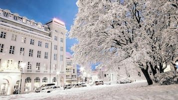 A snow-covered building with multiple windows and a tree in the foreground.