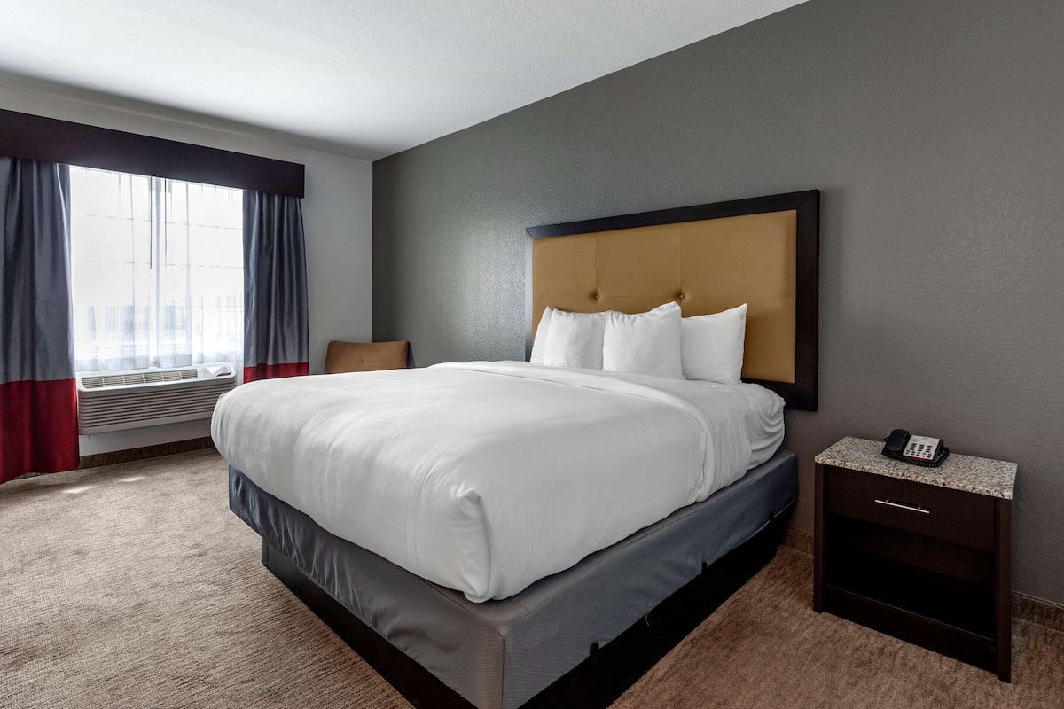 A hotel room with a large bed, a bedside table with a phone, and a window with curtains.