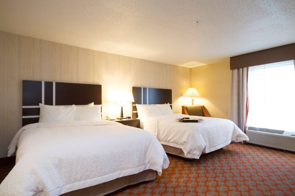 Une chambre d’hôtel avec deux lits, une grande fenêtre et une moquette à motifs.