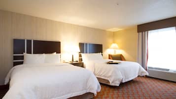 Een hotelkamer met twee bedden, een groot raam en een kamerbreed tapijt met een patroon.
