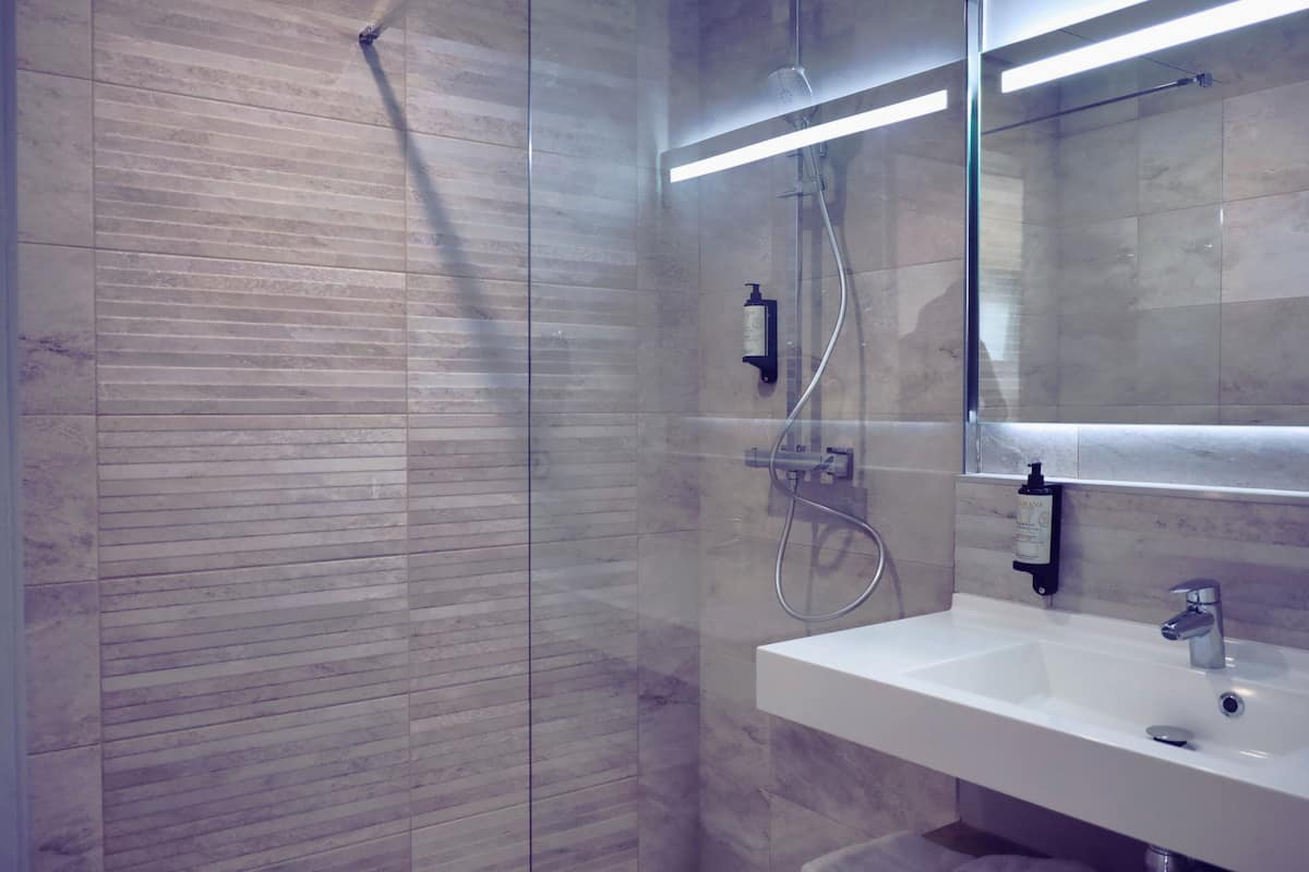 premium double room | bathroom | shower, rainfall showerhead, hair dryer, towels
