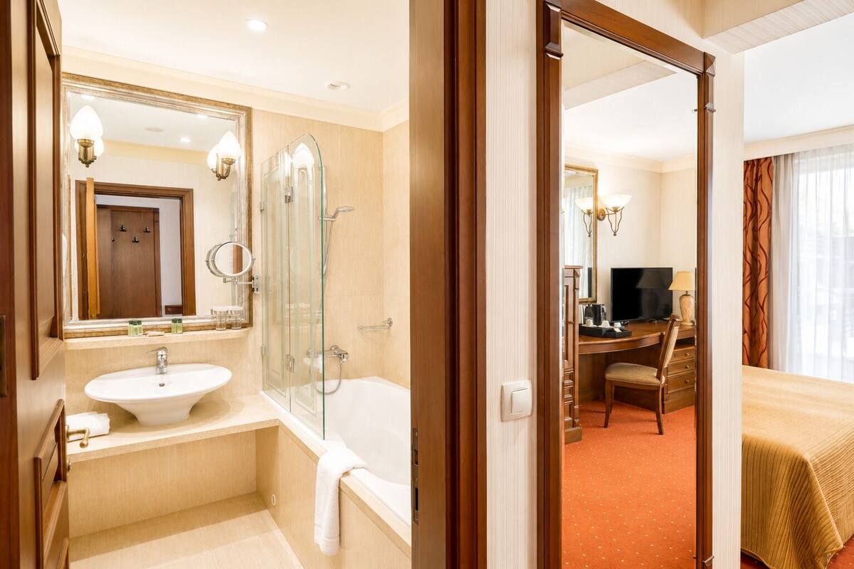 A hotel room with a bathroom featuring a sink, mirror, and shower. There is a desk with a chair and a TV in the room.