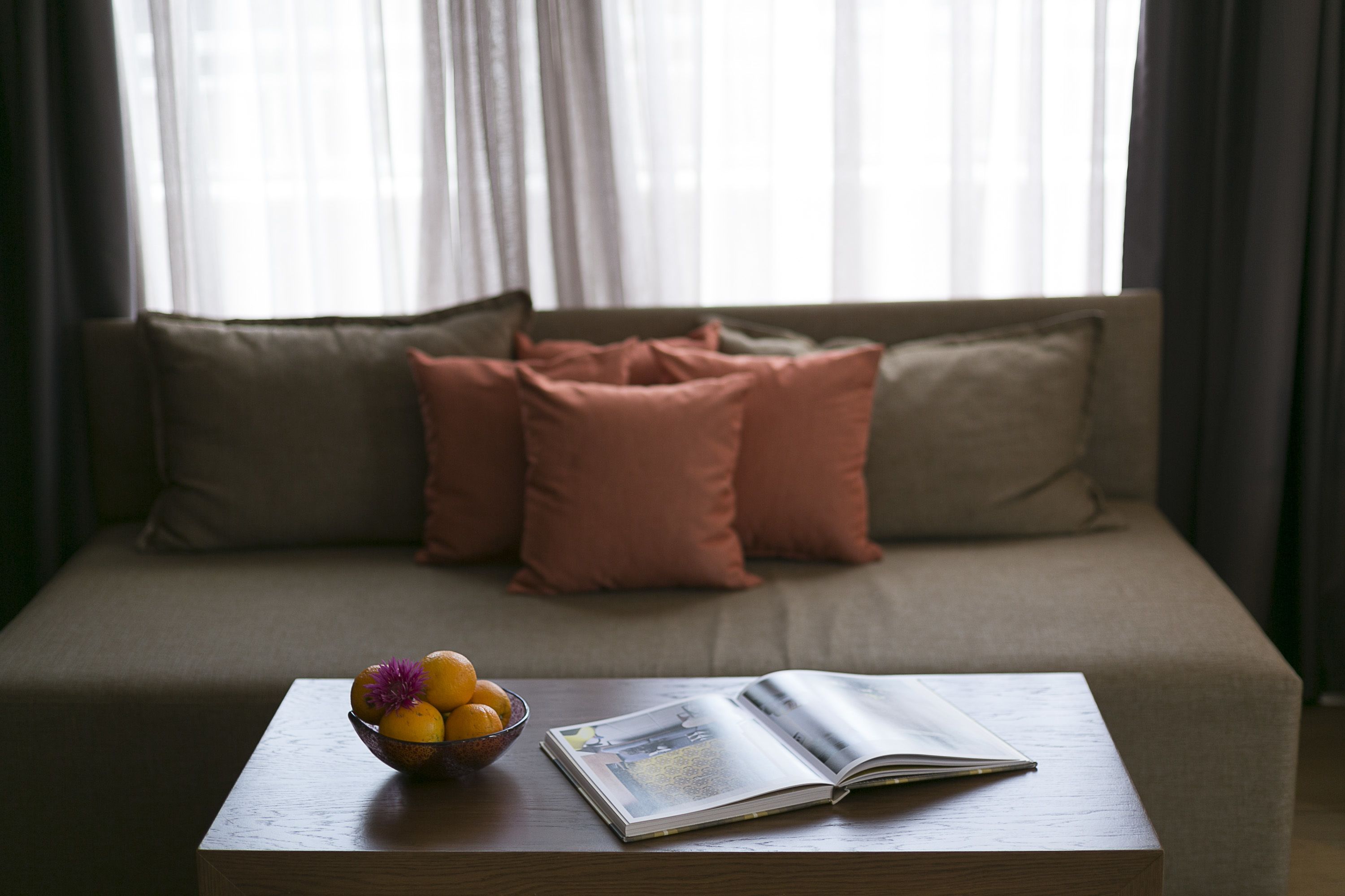 A living room with a sofa, cushions, a coffee table, a bowl of fruit, and an open magazine.
