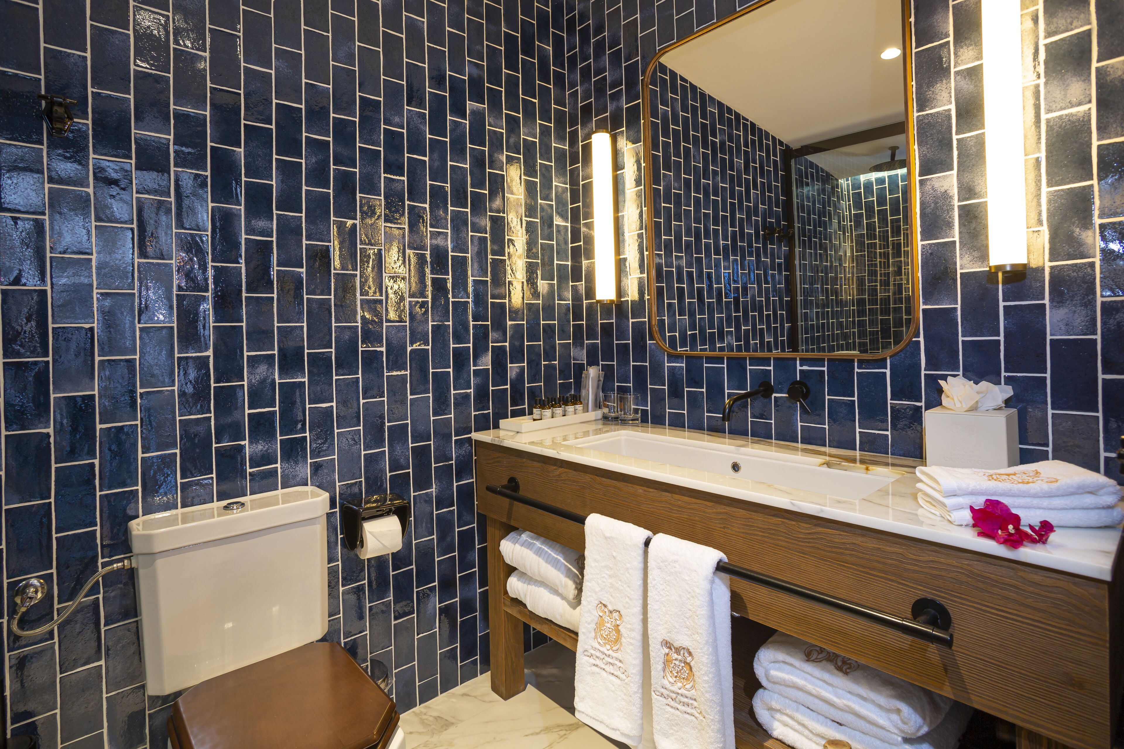 shower, rainfall showerhead, designer toiletries, hair dryer