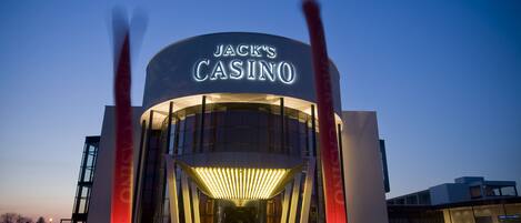 A modern building with a prominent sign reading "JACK'S CASINO."