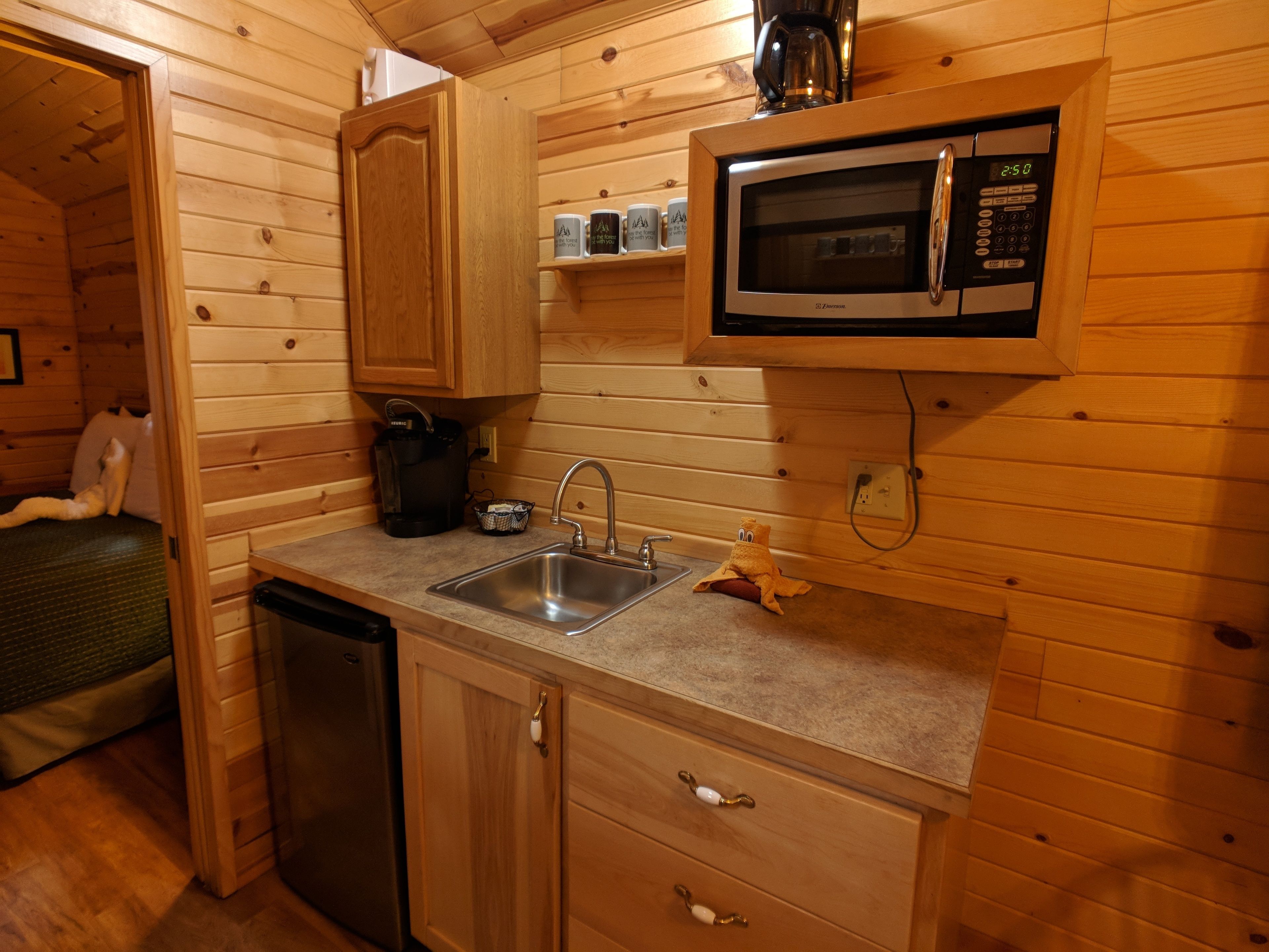 Cocina compacta con paneles de madera, un lavamanos de acero inoxidable, un microondas y una cafetera.