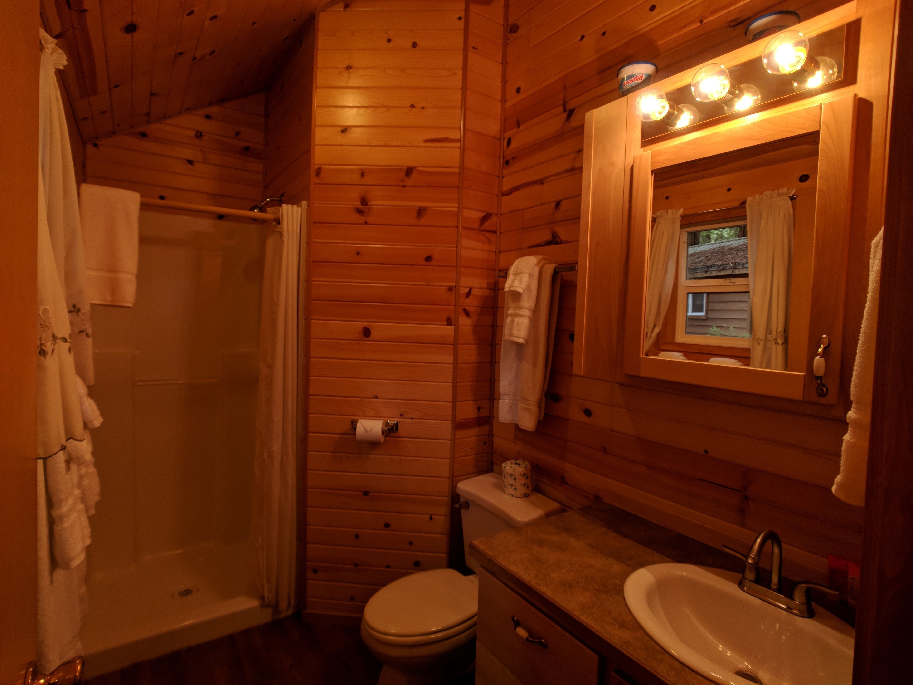 Ein Badezimmer in einer Holzhütte mit Dusche, Toilette, Waschbecken und einem beleuchteten Spiegel.