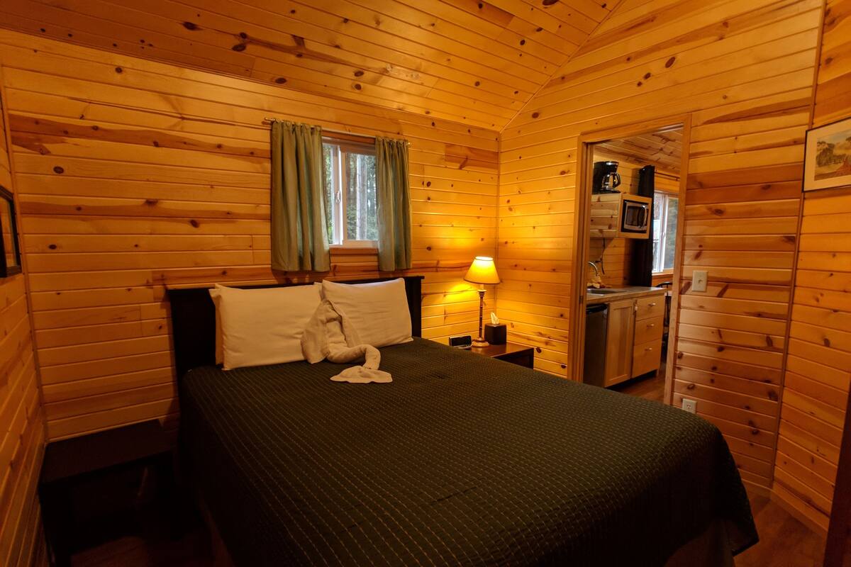 A wooden cabin room with a bed, a window with curtains, a nightstand with a lamp, and a kitchenette area.