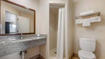 A bathroom with a granite countertop sink, a shower enclosure, a toilet, and a towel rack.