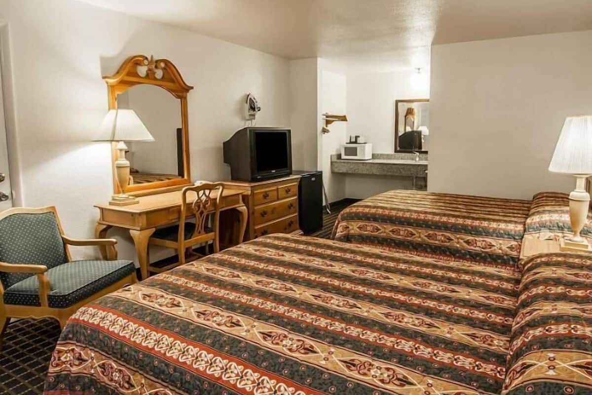 A hotel room with two beds, a desk, a chair, a television, a microwave, and a mirror.