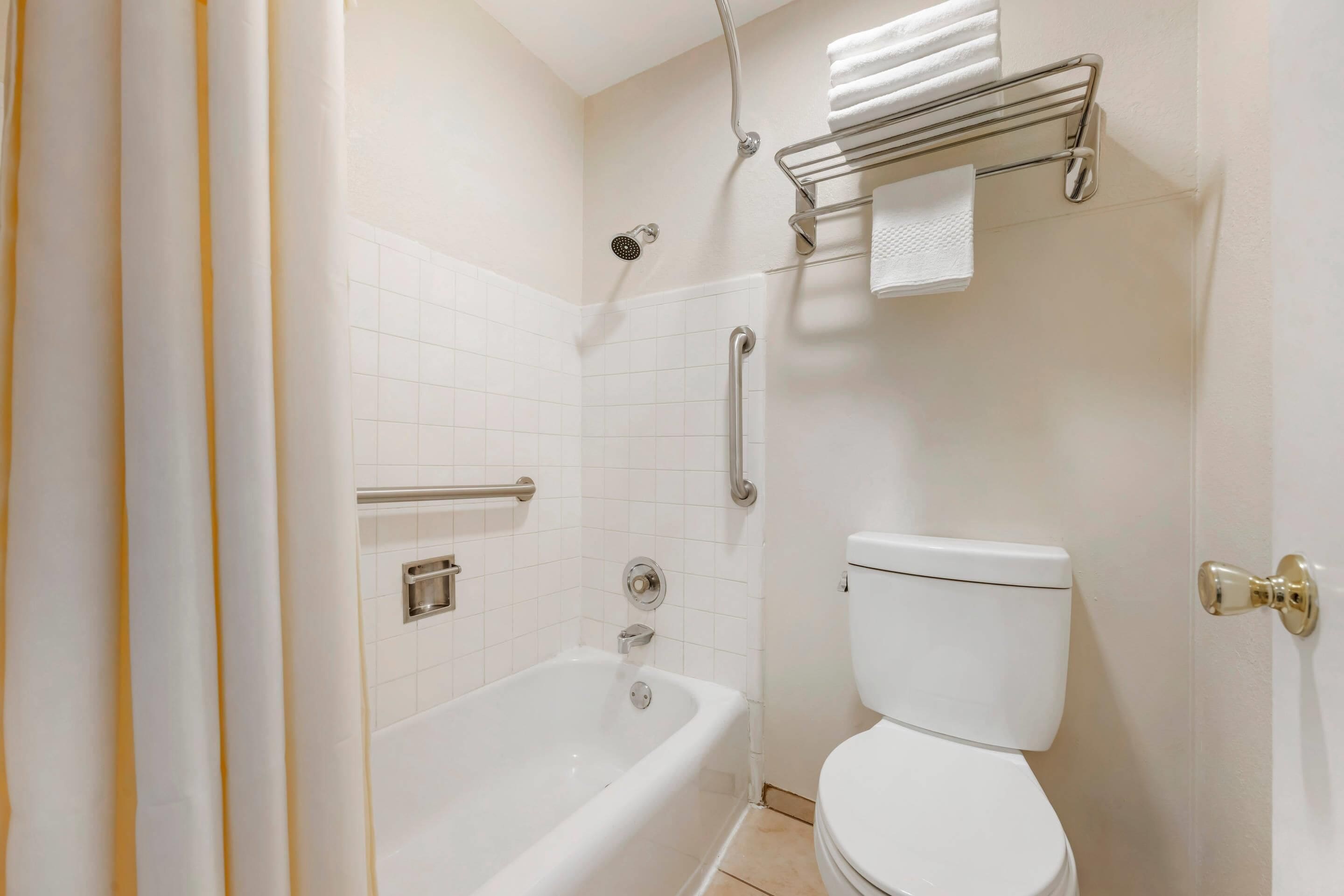 Une salle de bain avec une baignoire, des toilettes et un porte-serviettes.