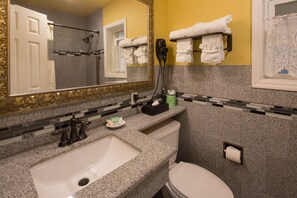 Shower, free toiletries, hair dryer, towels