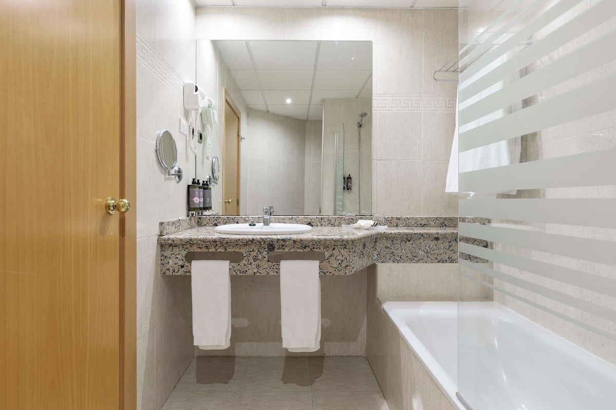 hair dryer, bidet, towels