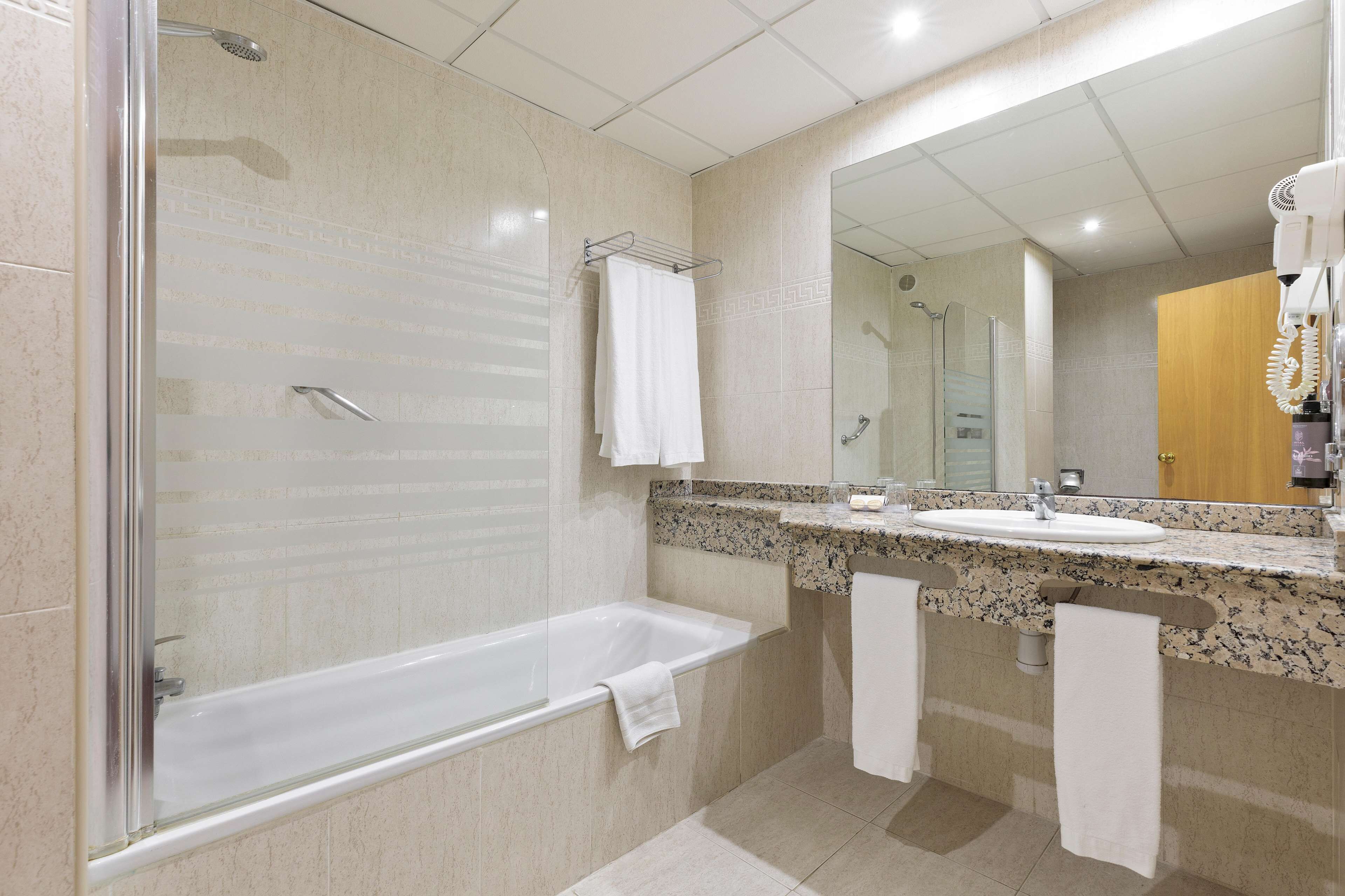 hair dryer, bidet, towels