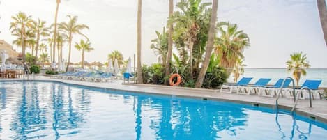 Outdoor pool, pool umbrellas, pool loungers
