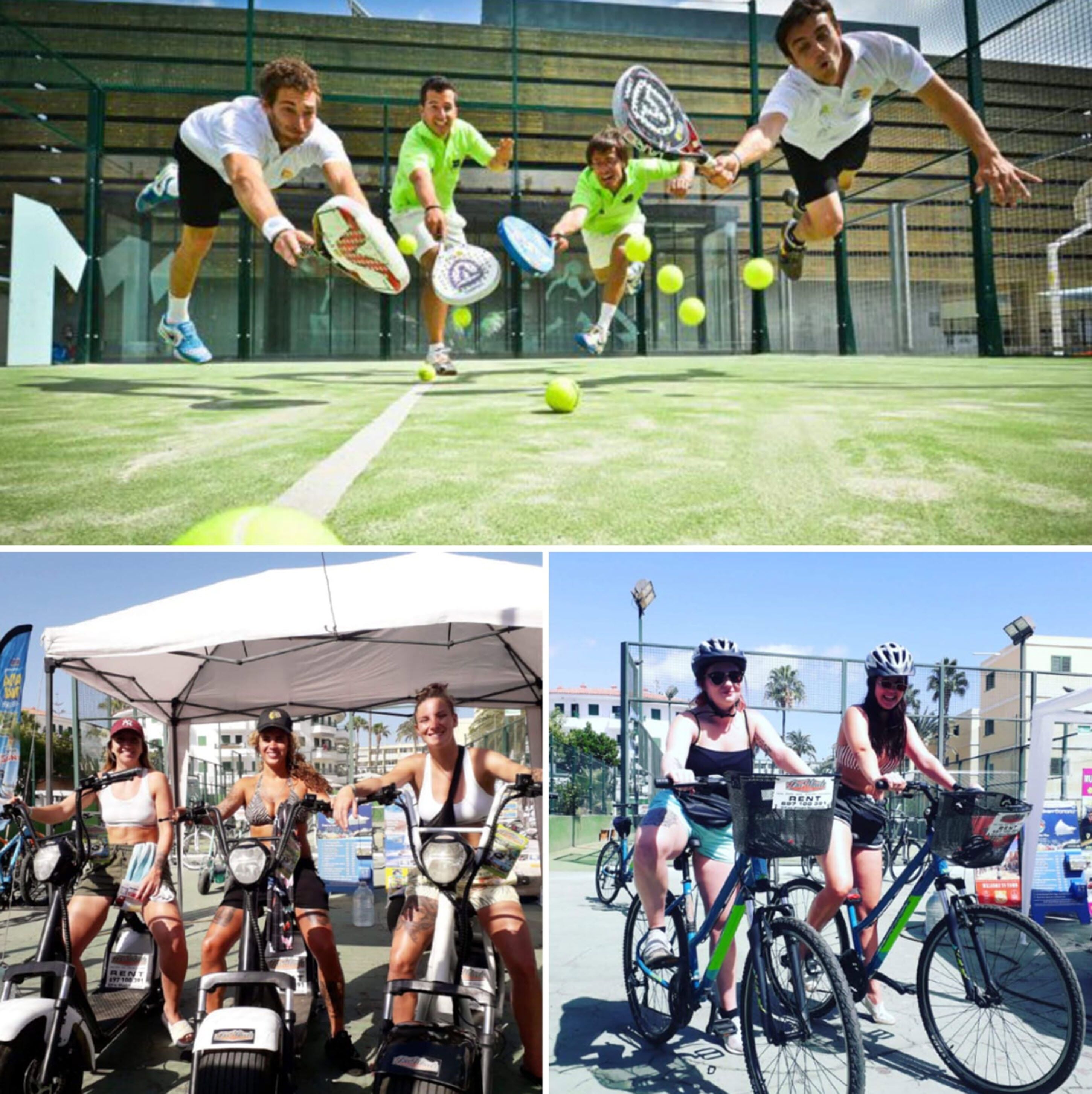 A tennis court with players in action, a group of people on stationary bikes, and a person riding a bike.