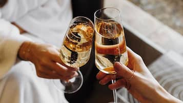 Two people toasting with champagne glasses.