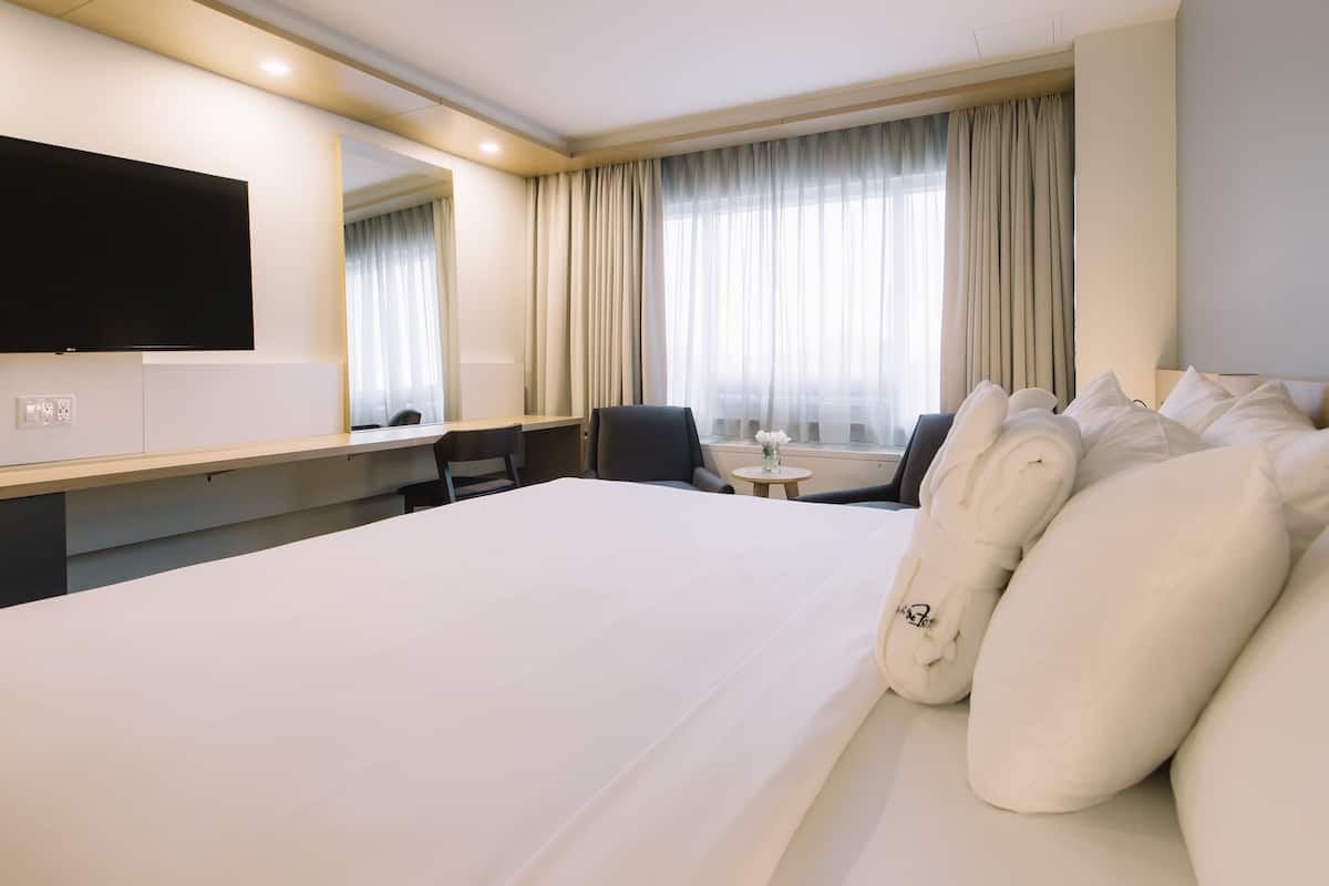 A hotel room with a large bed, a flat-screen TV, a desk, and a chair.
