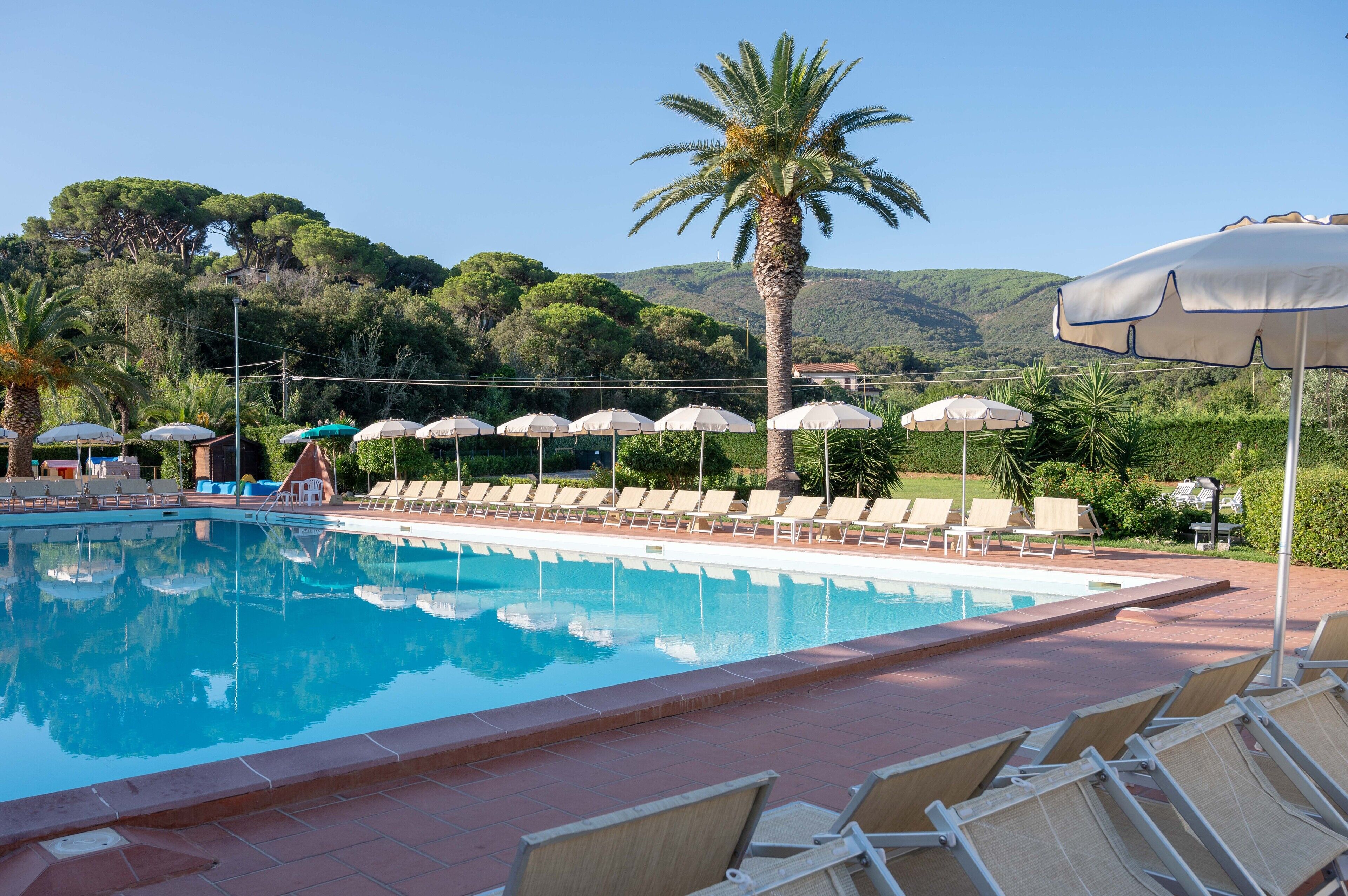A swimming pool with lounge chairs and umbrellas, surrounded by greenery and hills.