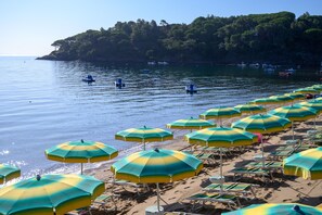 A beach with rows of sun umbrellas and lounge chairs, a calm sea, and boats in the background. - Hotel Le Acacie (Capoliveri)