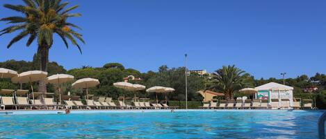Ein Swimmingpool mit Liegestühlen und Sonnenschirmen, umgeben von Palmen und einem Hotelgebäude.