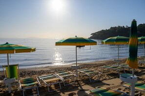 Private beach, beach umbrellas, beach bar